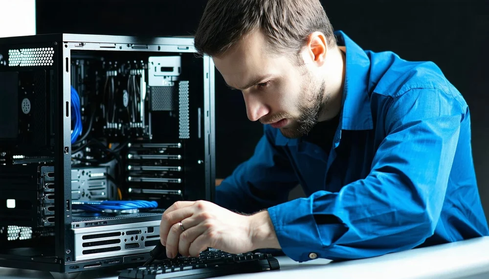Technician repairing a desktop computer